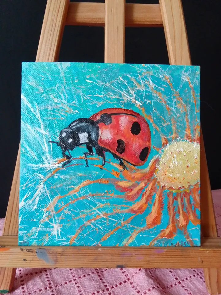Painting flowers with a Ladybug   Original Art Animal Flower Painting Floral Small Art Insect