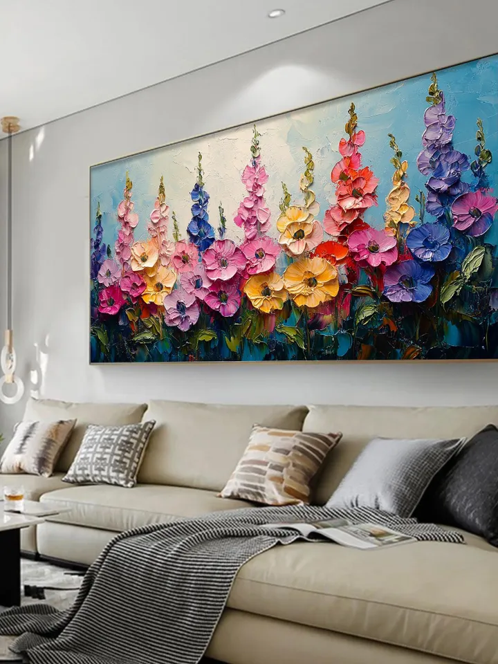Large Impasto Floral Landscape Painting, Colorful Wildflower Field Artwork, Textured 3D Original Art, Vibrant Wall Art Decor, Garden Scene