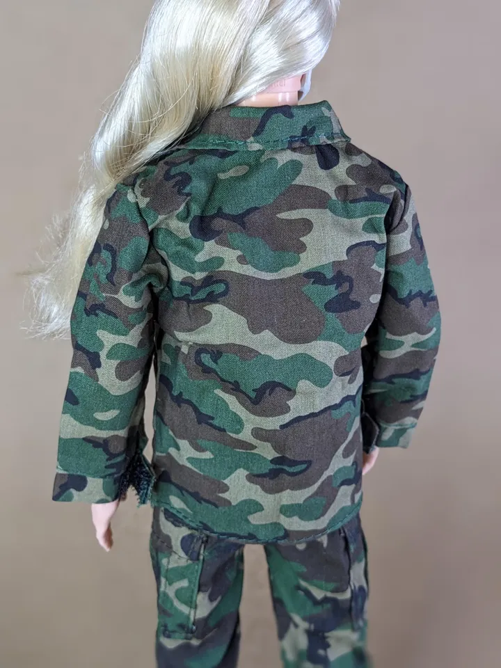 Military-style camo jacket, pants, and backpack for 12-inch fashion male dolls