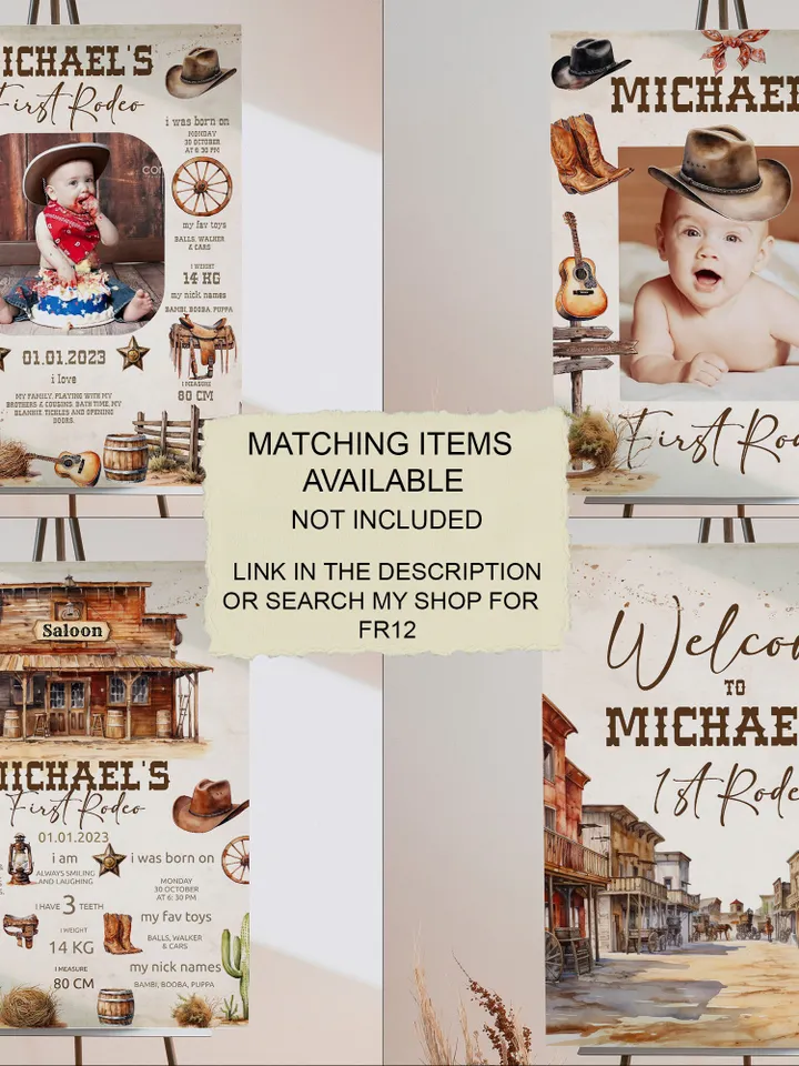 First Rodeo Wild West Birthday Invitation template; Wild West My First Rodeo Bday Western Invite ; Our Little Cowboy is One; Cowboy fr12