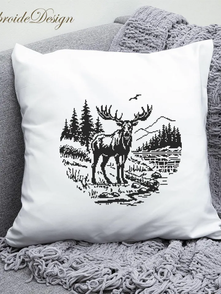 Woodcut elk cross stitch pattern PDF download Deer cross stitch chart, Monochrome animal pattern digital PDF, Mountain landscape #L86