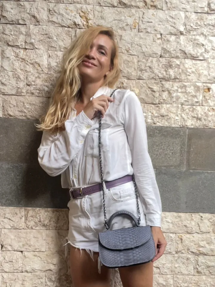 Genuine Python Skin Top Handle Gray Crossbody Bag | Exotic Leather Bags | Snakeprint Bag | Handmade Designer Bag | Gift For Her
