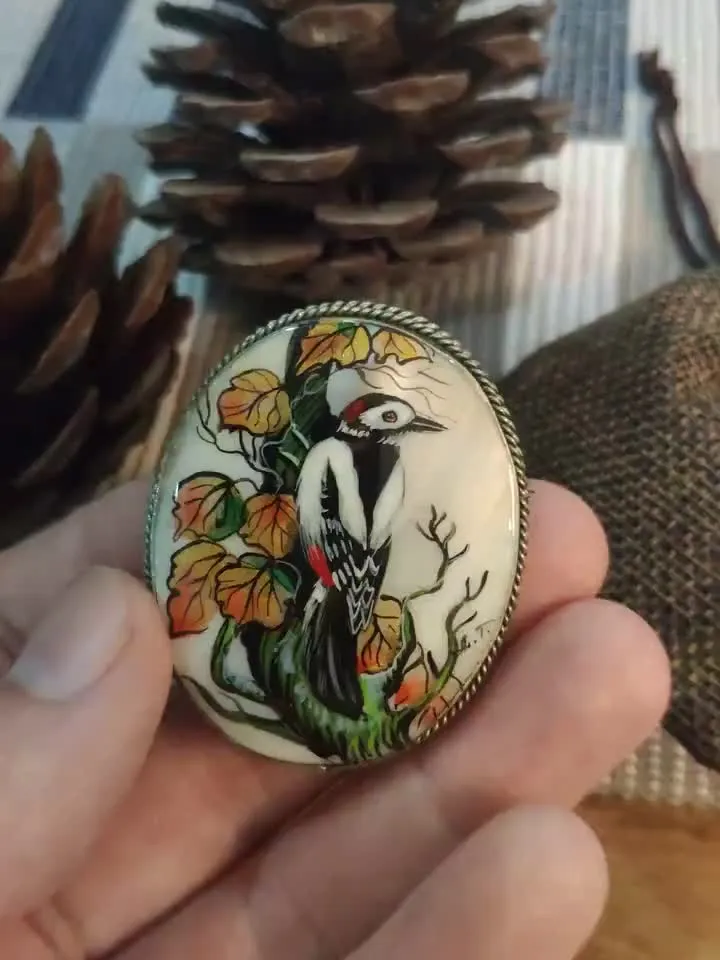Handmade brooches for women with Forest Bird: hand painted mother of pearl brooch, elegant shell pin with Woodpecker in the forest