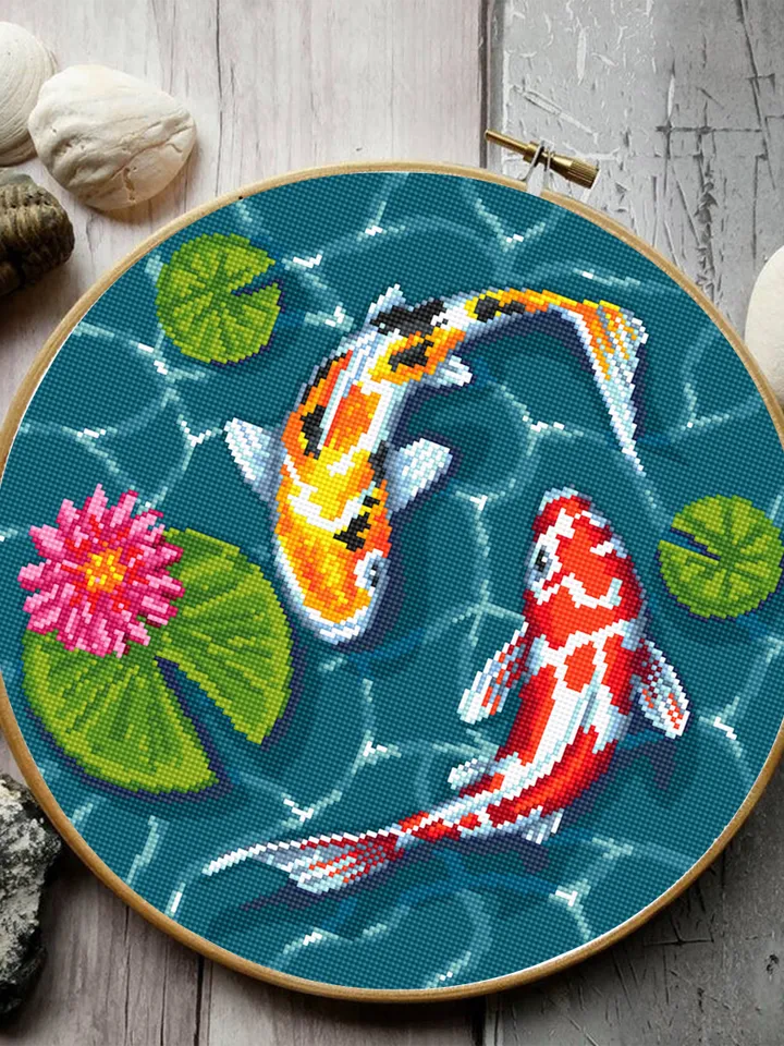 Koi pond cross stitch pattern download PDF Koi fish cross stitch chart, Fish embroidery design, Oriental decor, Water lily cross stitch #L50