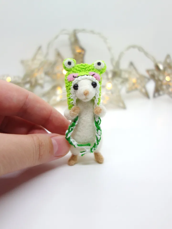 Charlie the mouse, miniature needle felted white mouse in a frog hat, made to order