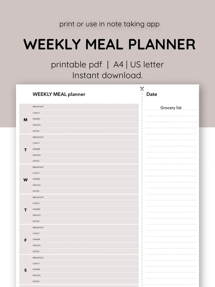 Weekyl meal planner with grocery list. Family budget. Weekly menu. Menu planner sheet. Household planner.