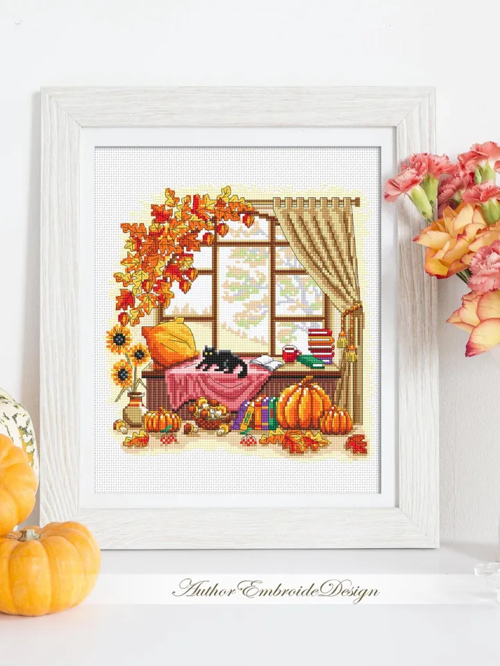Autumn window cross stitch pattern PDF download Fall cross stitch chart, Autumn pattern digital PDF, Fall leaves embroidery, Home decor #L89