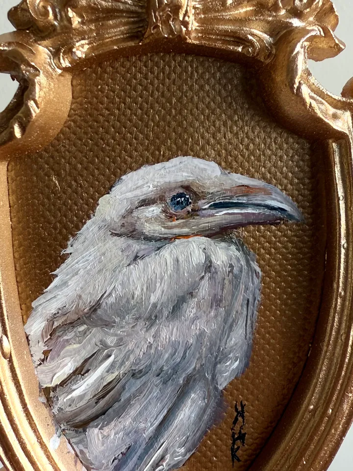 Framed Albino Raven Painting Small Original Witch’s Friend Artwork Crow Art Tiny Oil Painting Bird