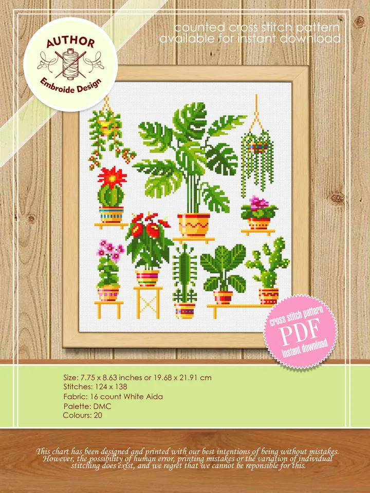 House plants cross stitch pattern PDF download Floral cross stitch chart, Sampler plants pattern digital PDF, Plants lover gift #P8
