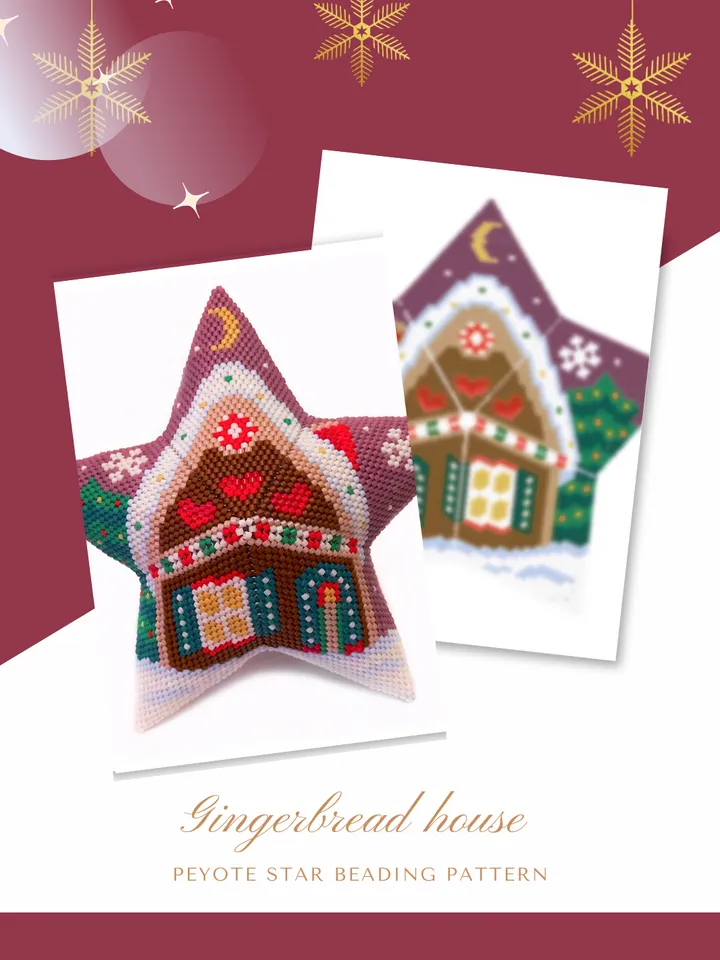 Gingerbread house, Peyote Star Beading PDF Pattern, Seed Bead Christmas Ornament