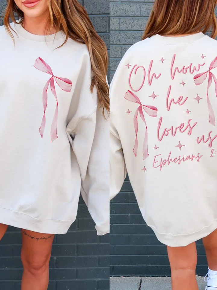 Front/Back Coquette Bow Oh How he Loves Us PNG, Christian Sublimation Design Bible Verse Valentine Christian Coquette PNG Ephesians 2:4-8