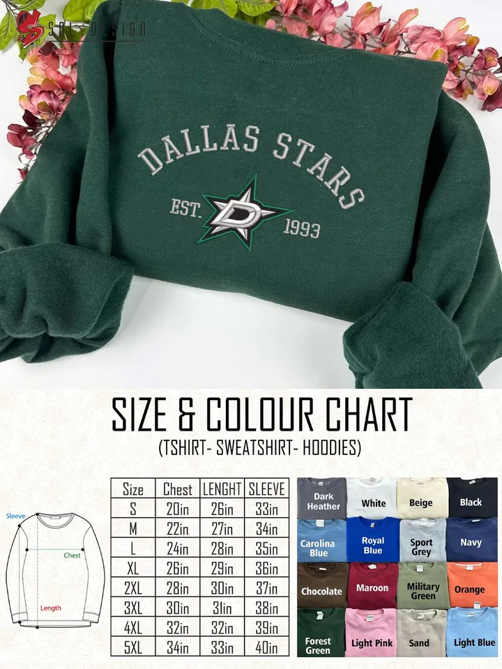 Dallas Stars Est 1993 Embroidered Sweatshirt, NHL Team Embroidered Sweater, NHL Dallas Stars Shirt, Hockey Team Embroidered Hoodie, Unisex Crewneck, NHL Hockey Team Fan Gift Tee