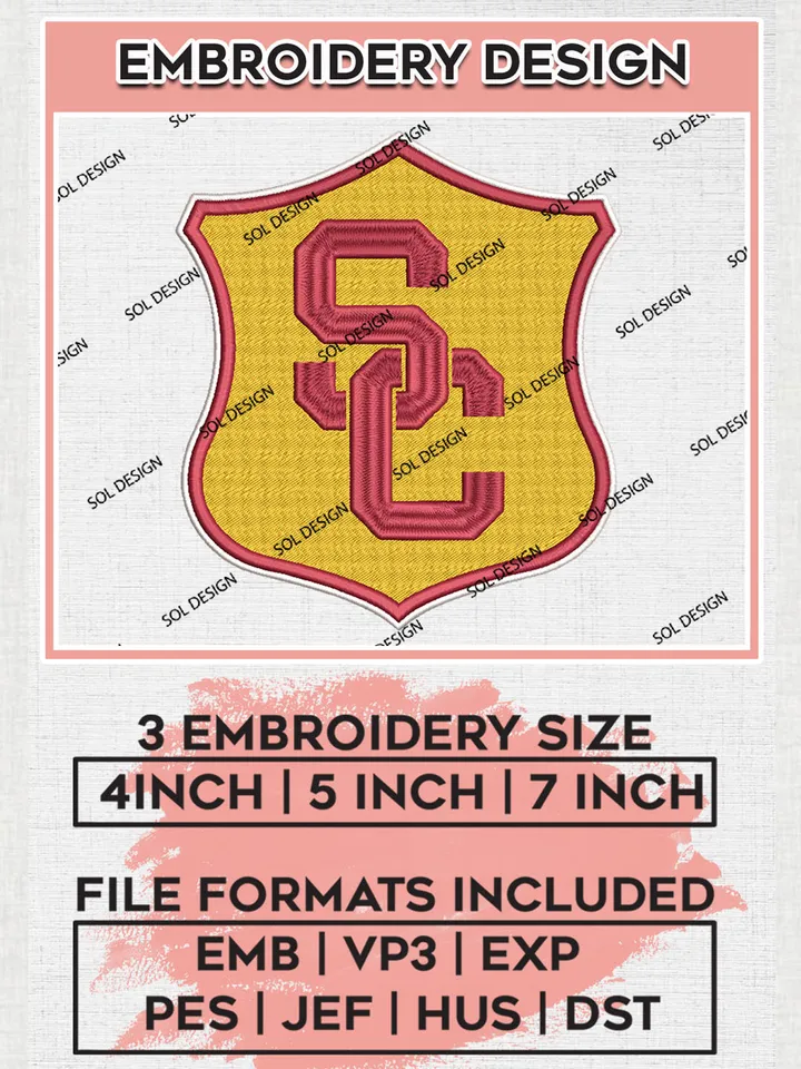 NCAA USC Trojans Team Shield Logo Embroidery Design Files, NCAA USC Trojans Machine Embroidery, NCAA Teams, 3 sizes, NCAA Machine embroidery designs, Digital Download