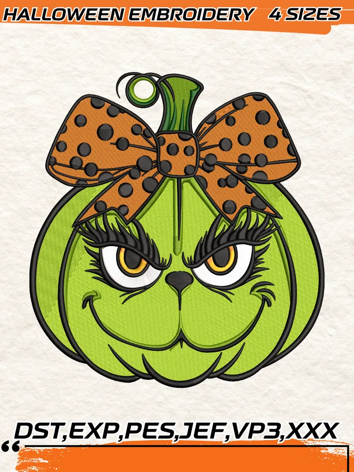 Grinch Pumpkin Coquette Embroidery Design,Halloween Embroidery Design,4 Sizes, Digital Download