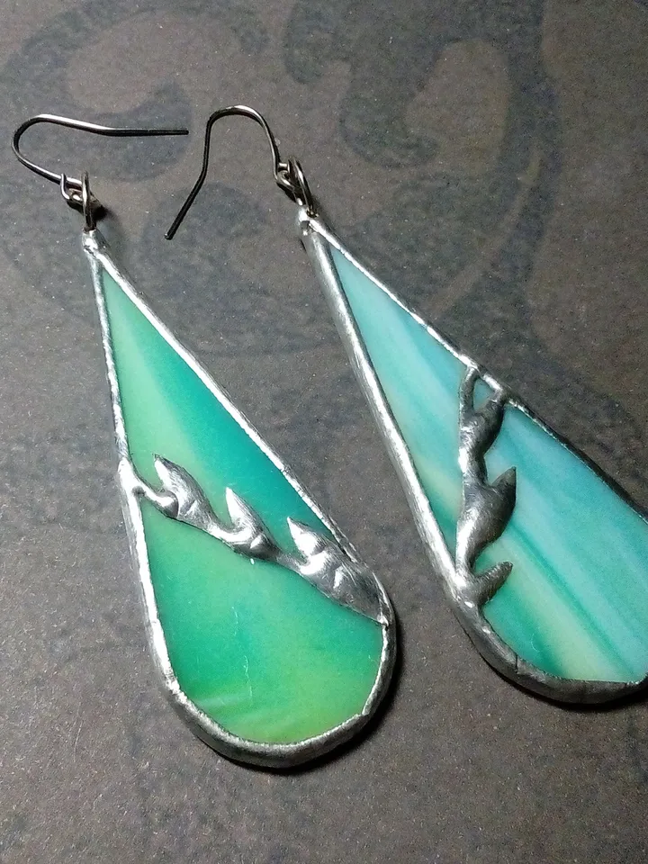 Green glass earrings, Dangle earrings, stained glass earrings, leaf drop earrings, simple stained glass