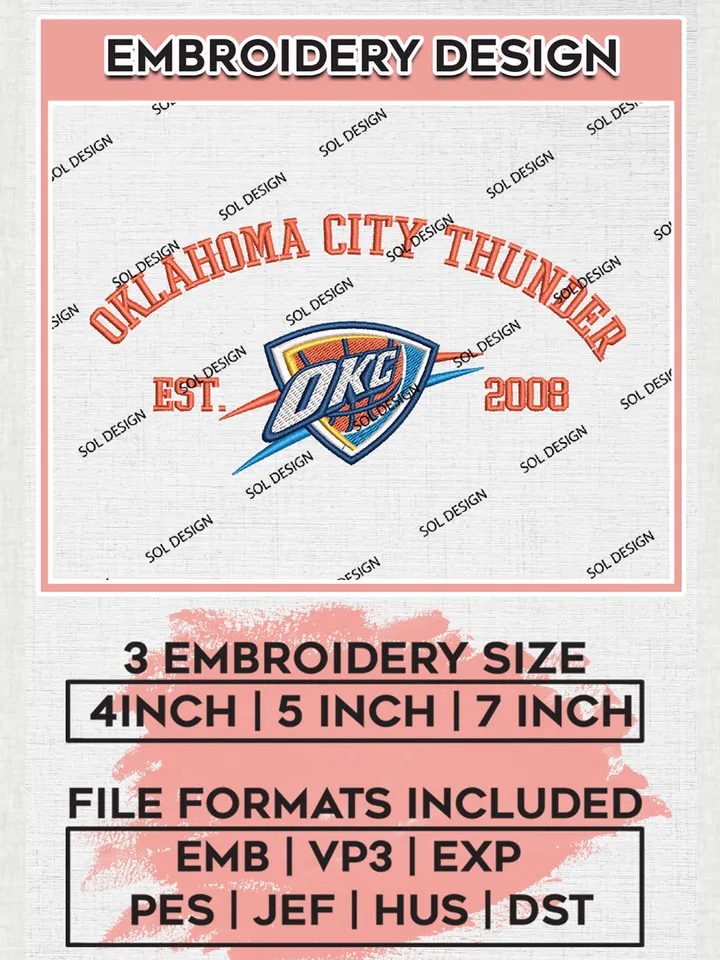 NBA Oklahoma City Thunder Basketball Team Est Logo Embroidery Design, NBA Oklahoma City Thunder Logo Embroidery Files, Basketball Team Machine Embroidery, Machine Embroidery Design