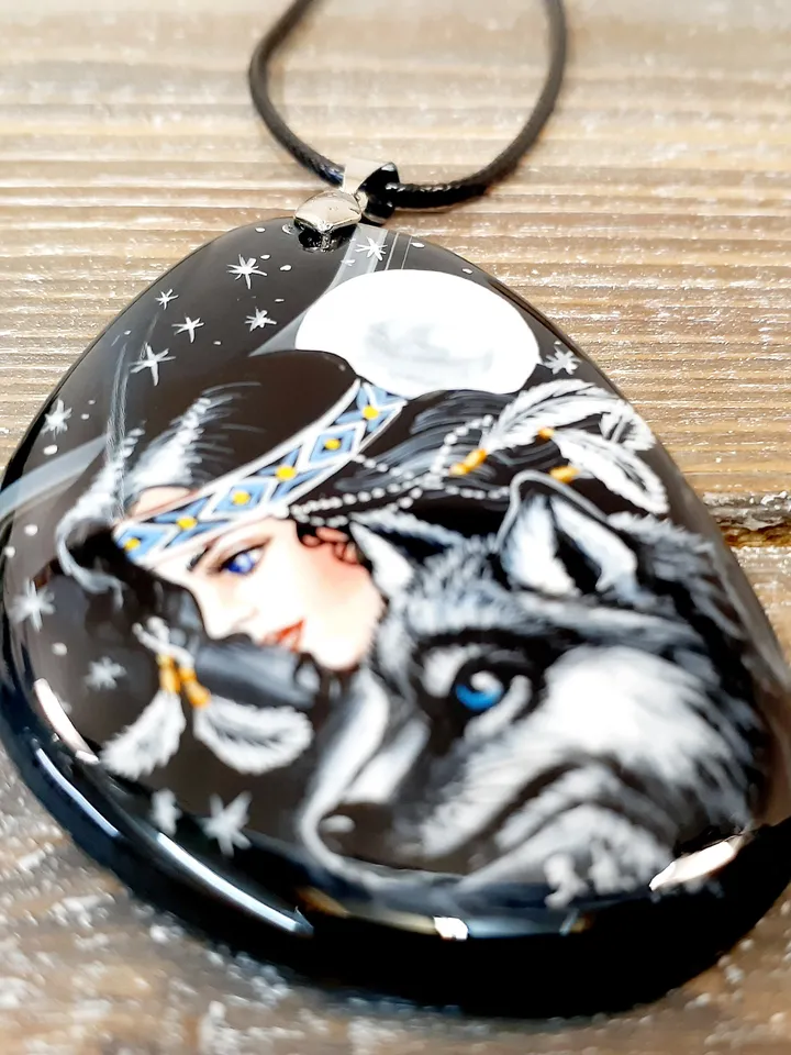 The Forest Fairy pendant. Author's work. Hand-painted on stone. Russian School of Painting. Fedoskino. Agate.Hand painted miniature painting