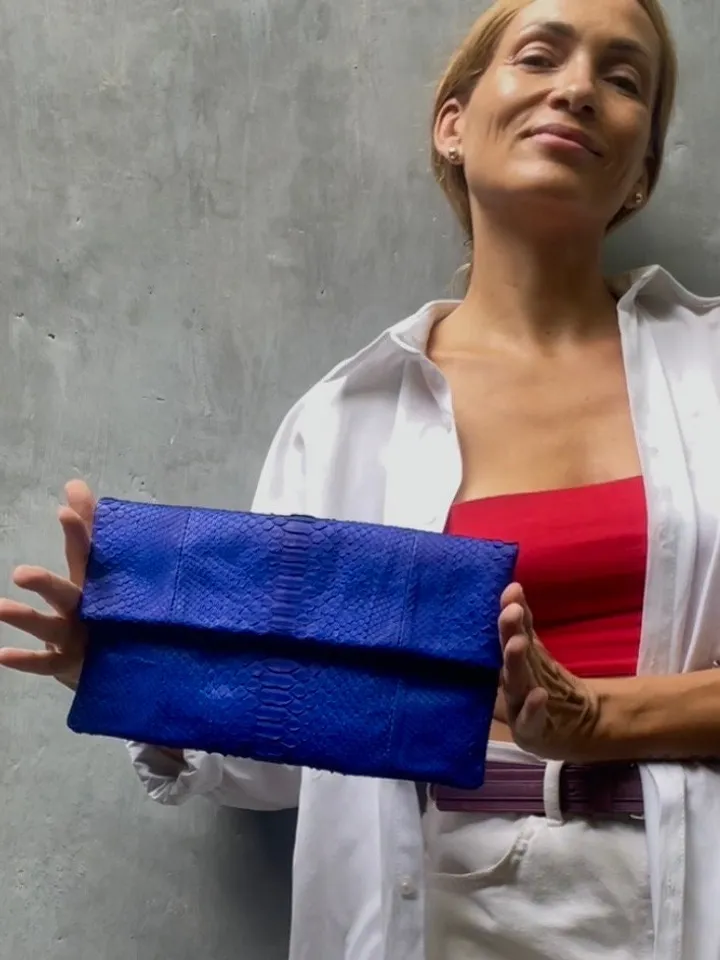 Genuine python skin bright blue ultramarine envelope clutch| Foldover Woman Summer Purse | Elegant Classy Clutch bag | Snakeskin small bag