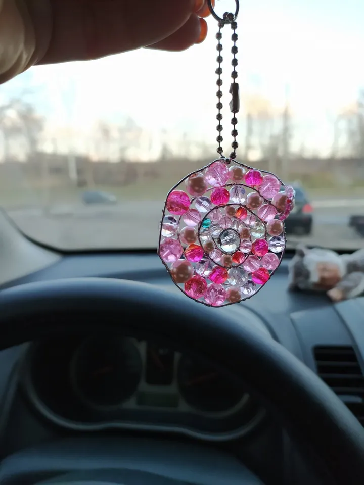 shell pendant, beaded spiral, keychain, mandala, amulet, decoration,car decor