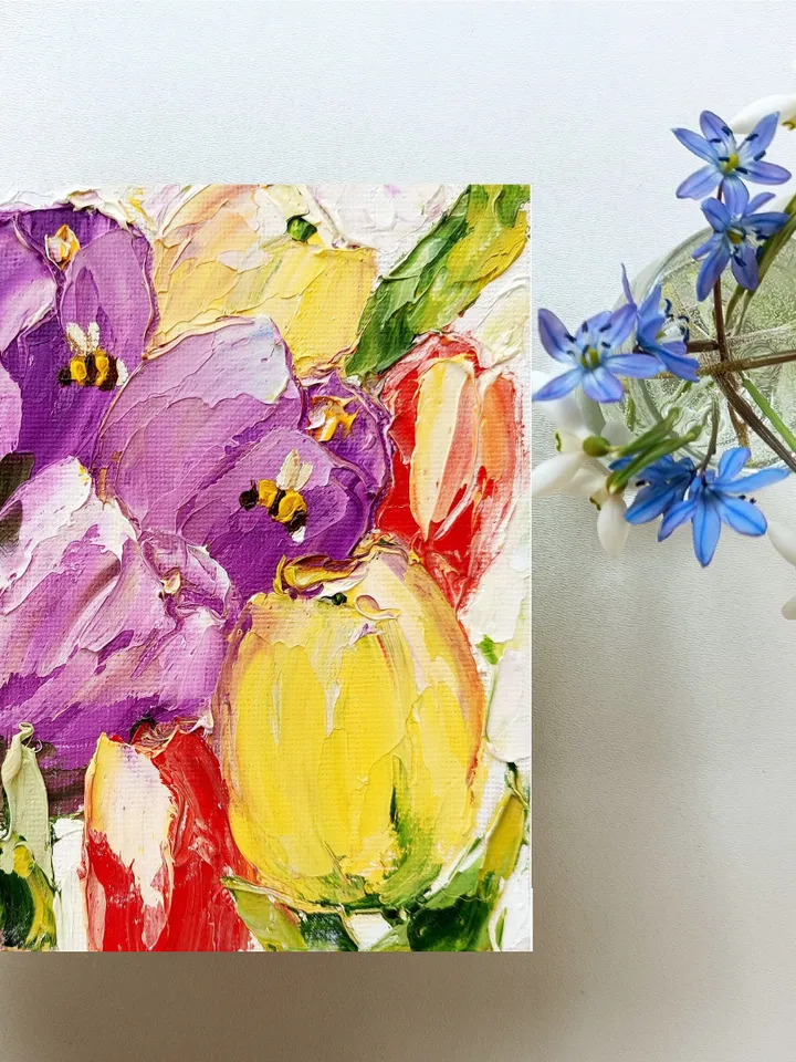 Tulip Painting Honeybee Original Art Floral Impasto Art Spring Gifts for Her Impasto Oil Painting by ArtProkopaloSv