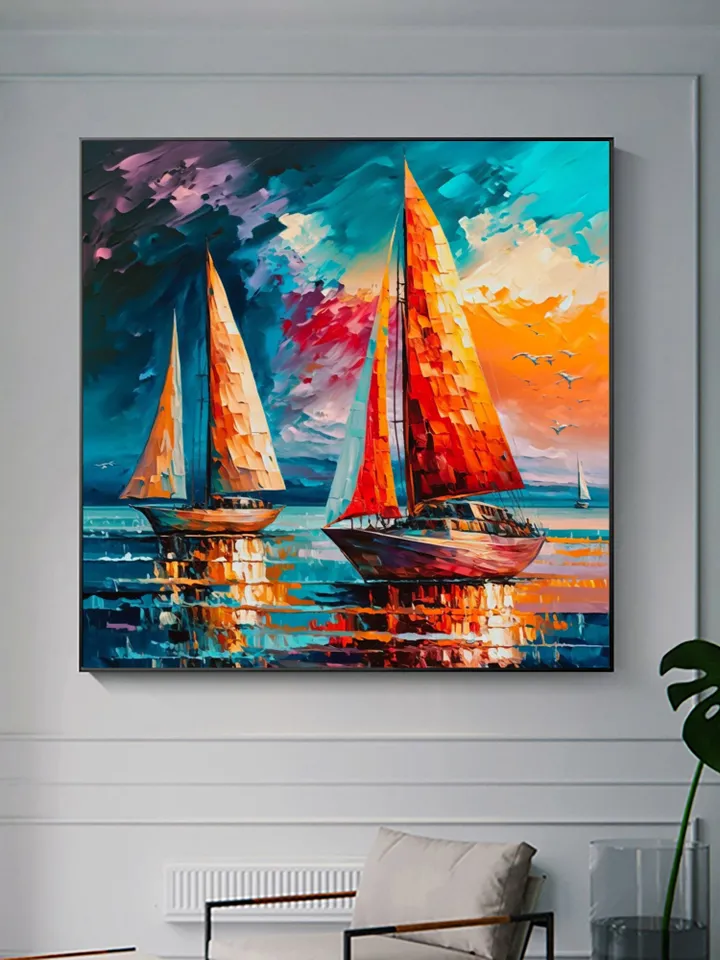 Original Colorful Sailboat Oil Painting on Canvas, Abstract Seascape Acrylic Painting Large Wall Art Custom Painting Living Room Wall Decor