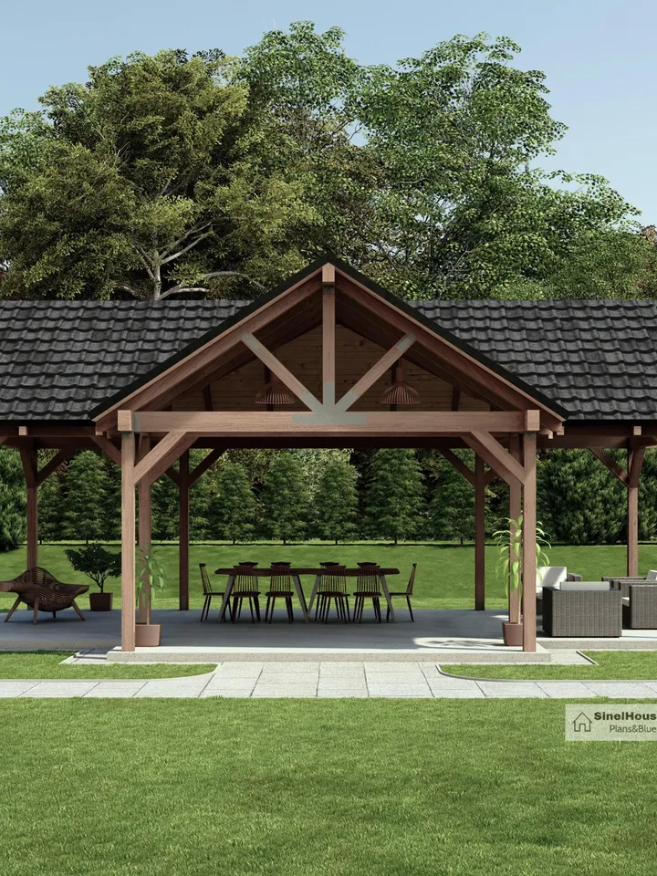 Gable Pavilion plan, 643 SF Gazebo Construction Blueprint,Timber Frame Pavilion Drawings