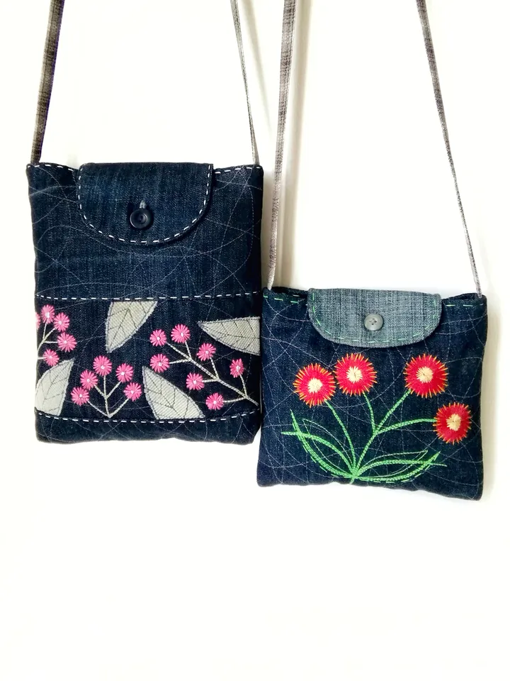 Handmade Small Denim Hand Embroidered Purses for Women, Handcrafted Boho Style Shoulder Bags - Floral Accents for Ladies. FREE SHIPPING!