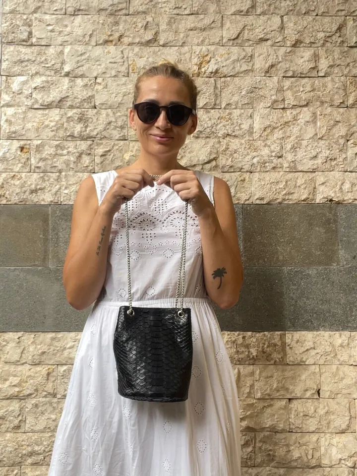 Genuine python skin bucket black chain bag / designer women purse / small soft sport bag / exotic leather bags free shipping | gift for her