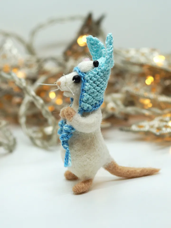 Timmy the mouse, miniature needle felted white mouse in a rabbit hat, made to order
