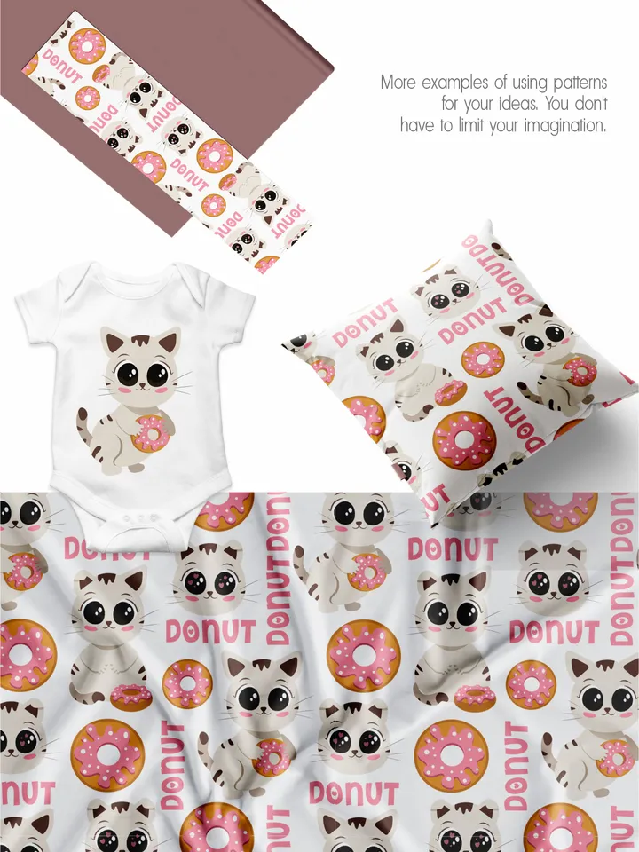 Prints and patterns of cute cats with donuts in vector