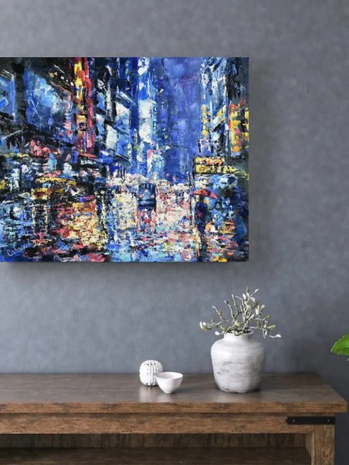 New York Painting Rainy Street Original Art NYC Artwork Umbrella Girl