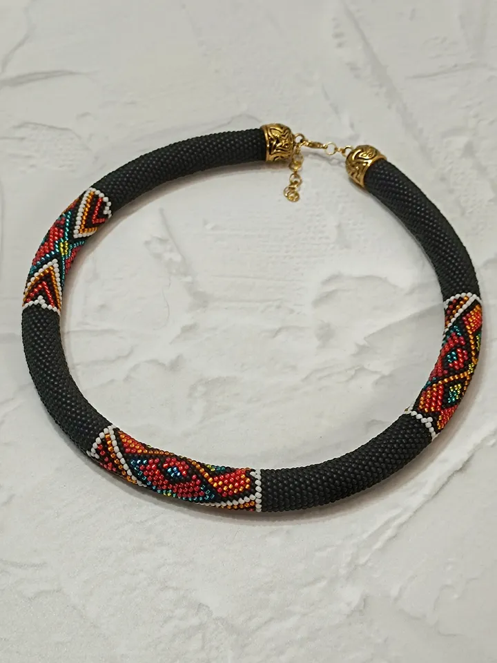 Black Ethnic Necklace for Women, Stylish Elegant Beaded Bib Necklace Handmade