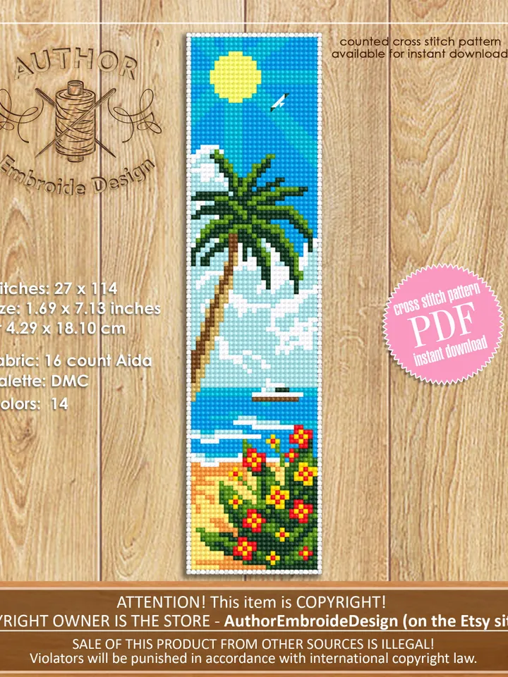 Bookmark nature cross stitch pattern digital PDF Handmade bookmark beach cross stitch summer Instant download Gift for book lover #B24