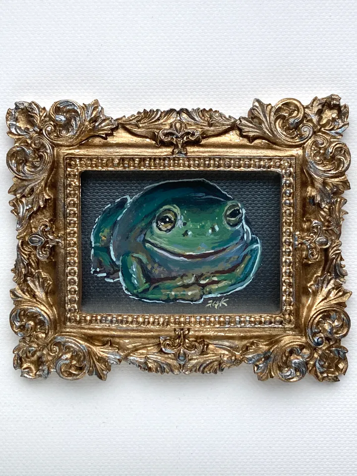 Framed Frog Painting Original Green Frog Artwork Amphibians Art Gouache Painting