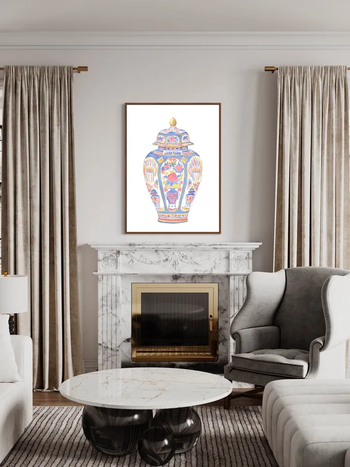 Blue Chinoiserie Vase Watercolor Painting, Pink Ginger Jar Art, Chinoiserie Chic Art, Hamptons Style, Vintage Chinoiserie, Charleston Art