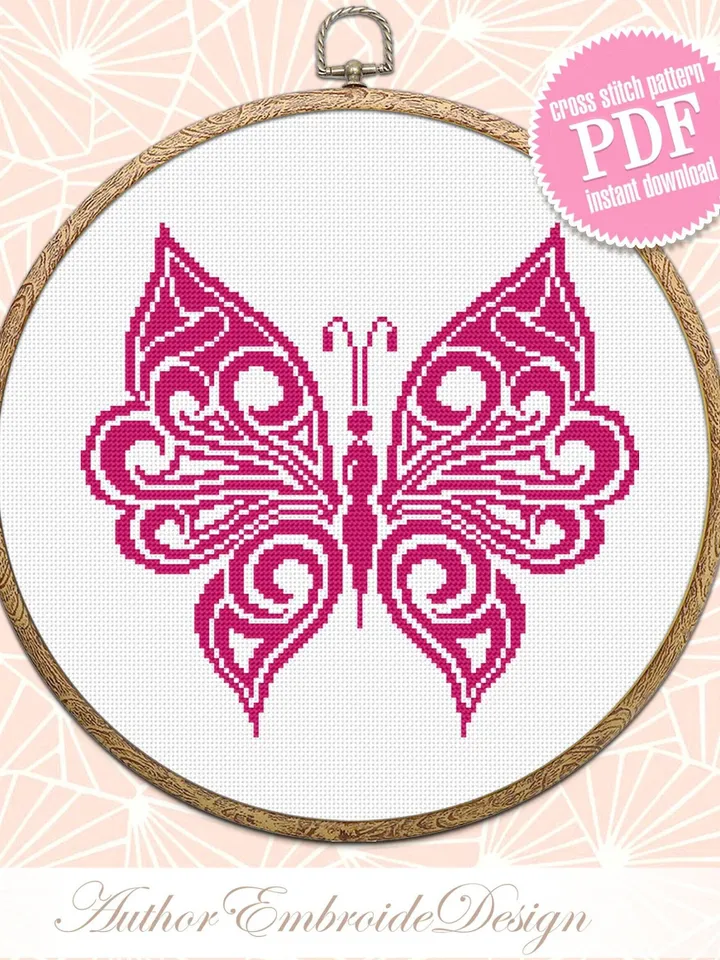Monochrome butterfly cross stitch pattern PDF download Mandala butterfly embroidery PDF, Vintage butterfly ornament pattern Home decor #M227