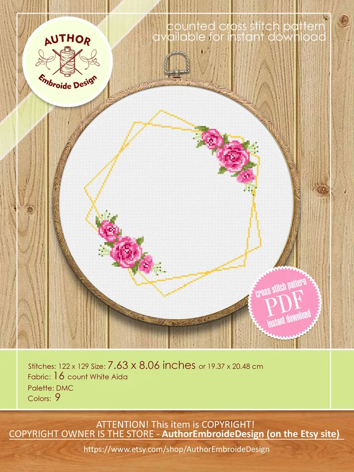 Flower frame cross stitch pattern PDF download Your text here, Roses wreath cross stitch chart, Pentagon frame pattern digital PDF #Y8
