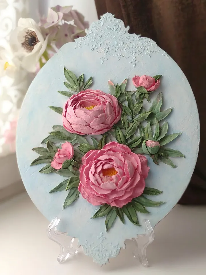 Oval painting with coral peonies Peonies painting Floral painting 3D Peony wall art Mother's Day gift
