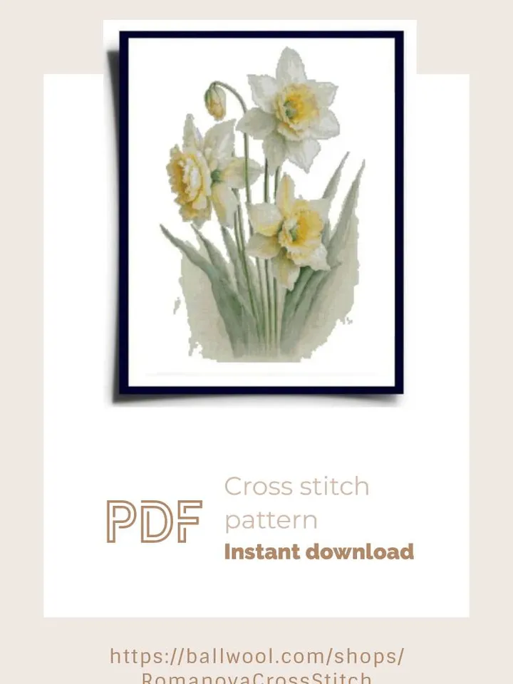 Watercolor daffodils cross stitch PDF pattern, Flower embroidery design, Instant download