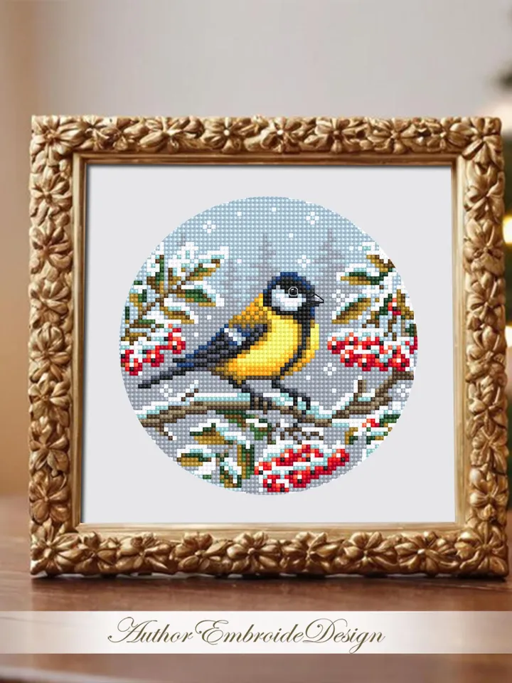 Winter bird cross stitch pattern PDF download Titmouse cross stitch chart, Christmas pattern digital PDF, Snow nature cross stitch #N166