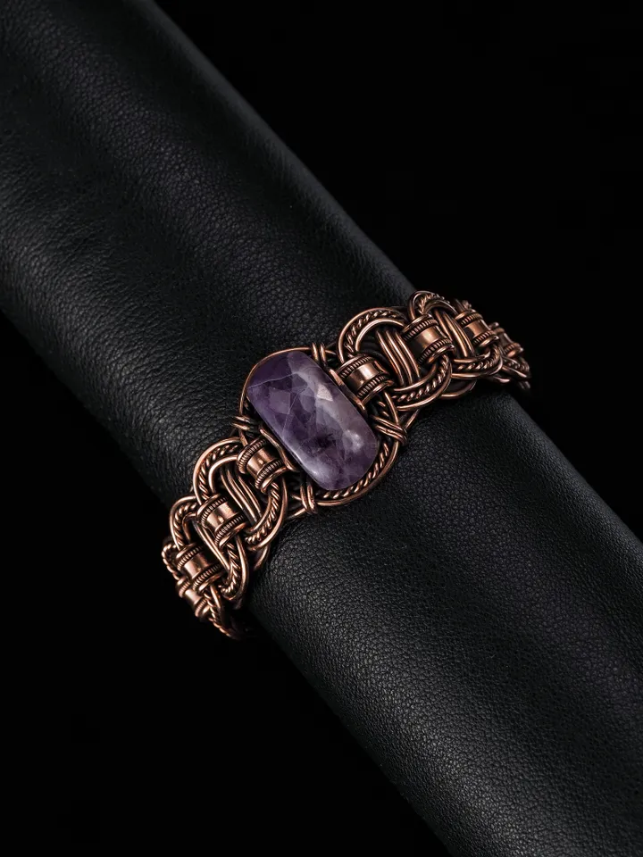 Copper wire wrapped bracelet with amethyst for lady Antique style WireWrapArt