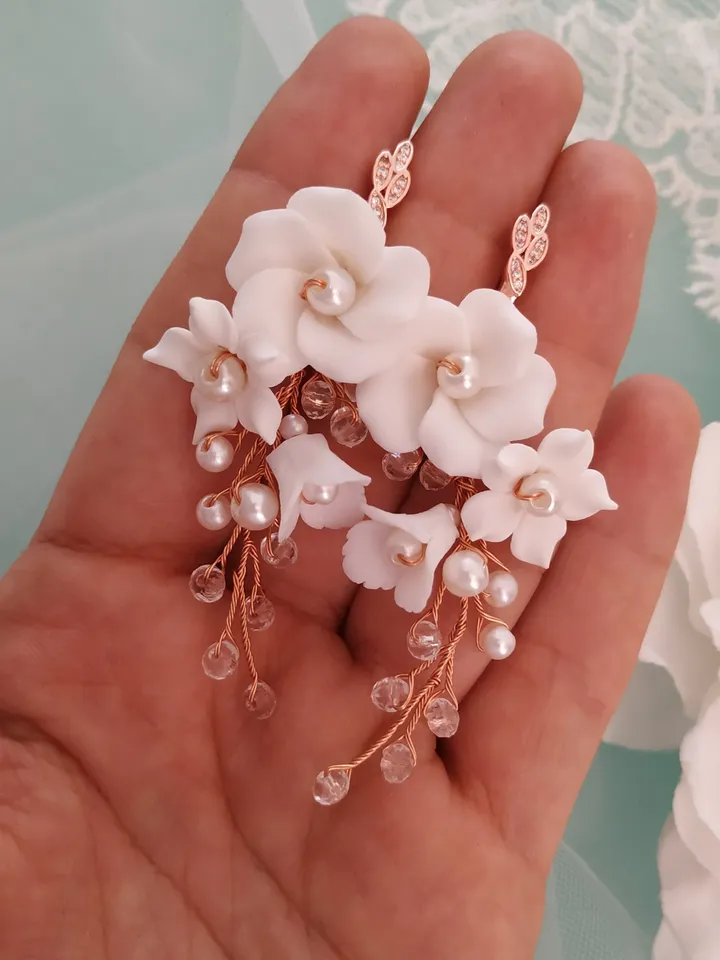 Rose Gold Floral Wedding Earrings, Swarovski Crystal Bridal Necklace Set, Chandelier Statement Earrings, Bridal Bracelet, Jewellery Set,