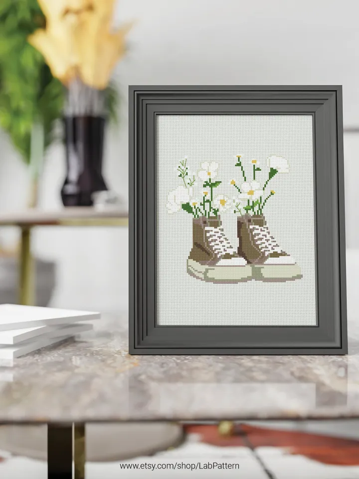 Sneakers with Flowers Bundle of 3 cross stitch pattern nature style boy girl nursery decor counted chart gift DIY embroidery, instant PDF