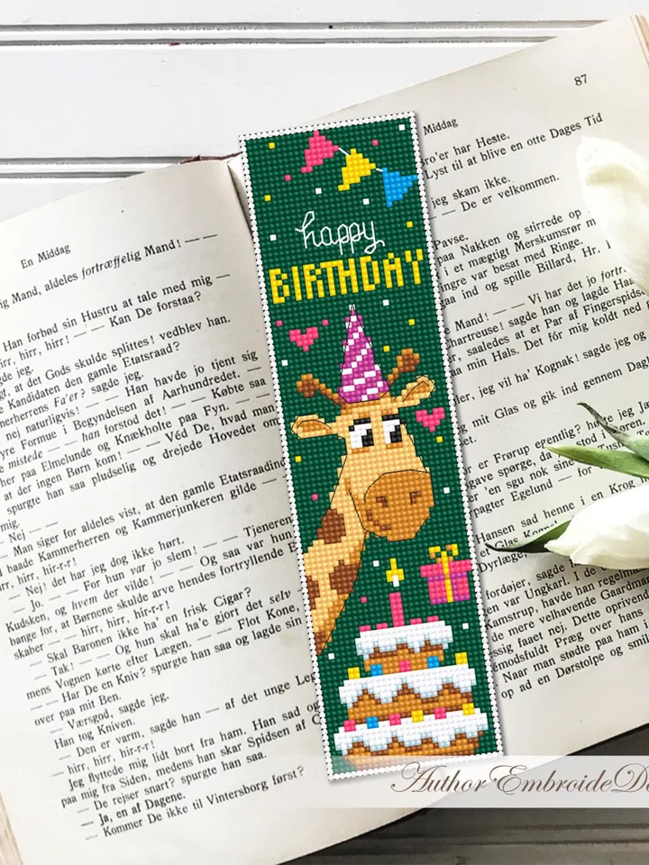 Birthday bookmark cross stitch pattern PDF download Giraffe cross stitch chart, Bookmark pattern digital, Birthday cake cross stitch #B460