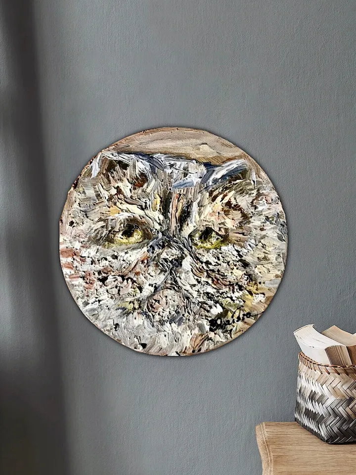 Persian cat painting on round canvas,original oil impasto style painting,gift,wall hanging,animals painting pet lovers gifts