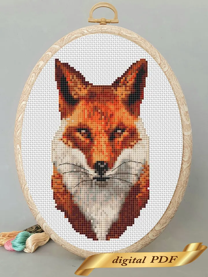 Fox pattern pdf cross stitch, animals embroidery DIY
