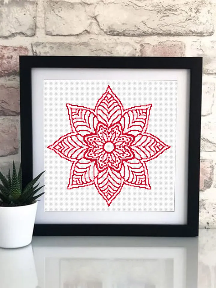 Mandala cross stitch pattern download PDF, Flower mandala pattern PDF, Floral ornament cross stitch chart, Monochrome hand embroidery #M182