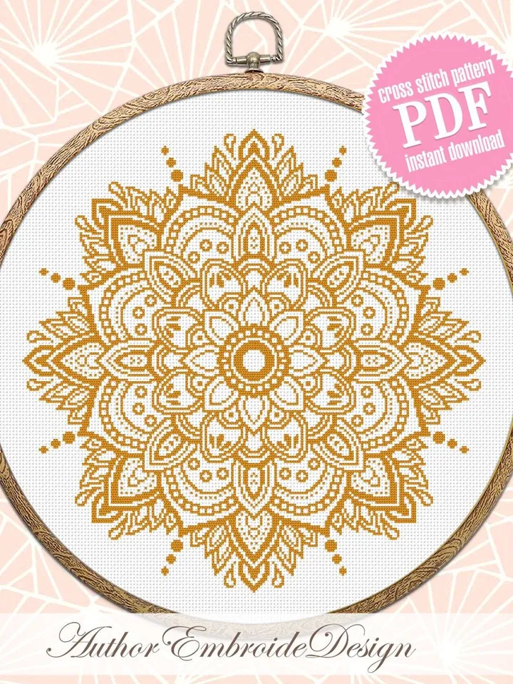 Flower mandala cross stitch pattern PDF download Monochrome cross stitch chart, Simple mandala pattern digital PDF, Mandala ornament #M263