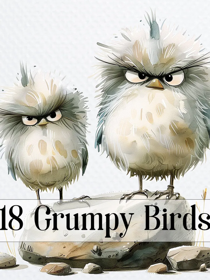 18 Grumpy Birds png Clipart, Cute Fluffy Birds png sublimation, Watercolor clipart, Digital Clipart, Birds sublimation, Printable clipart