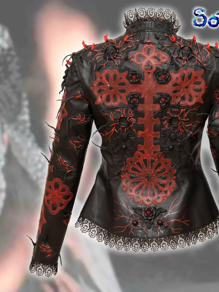 Women's Genuine leather jacket gothic aristocratic style red black color, leather clothes by Sofalee
